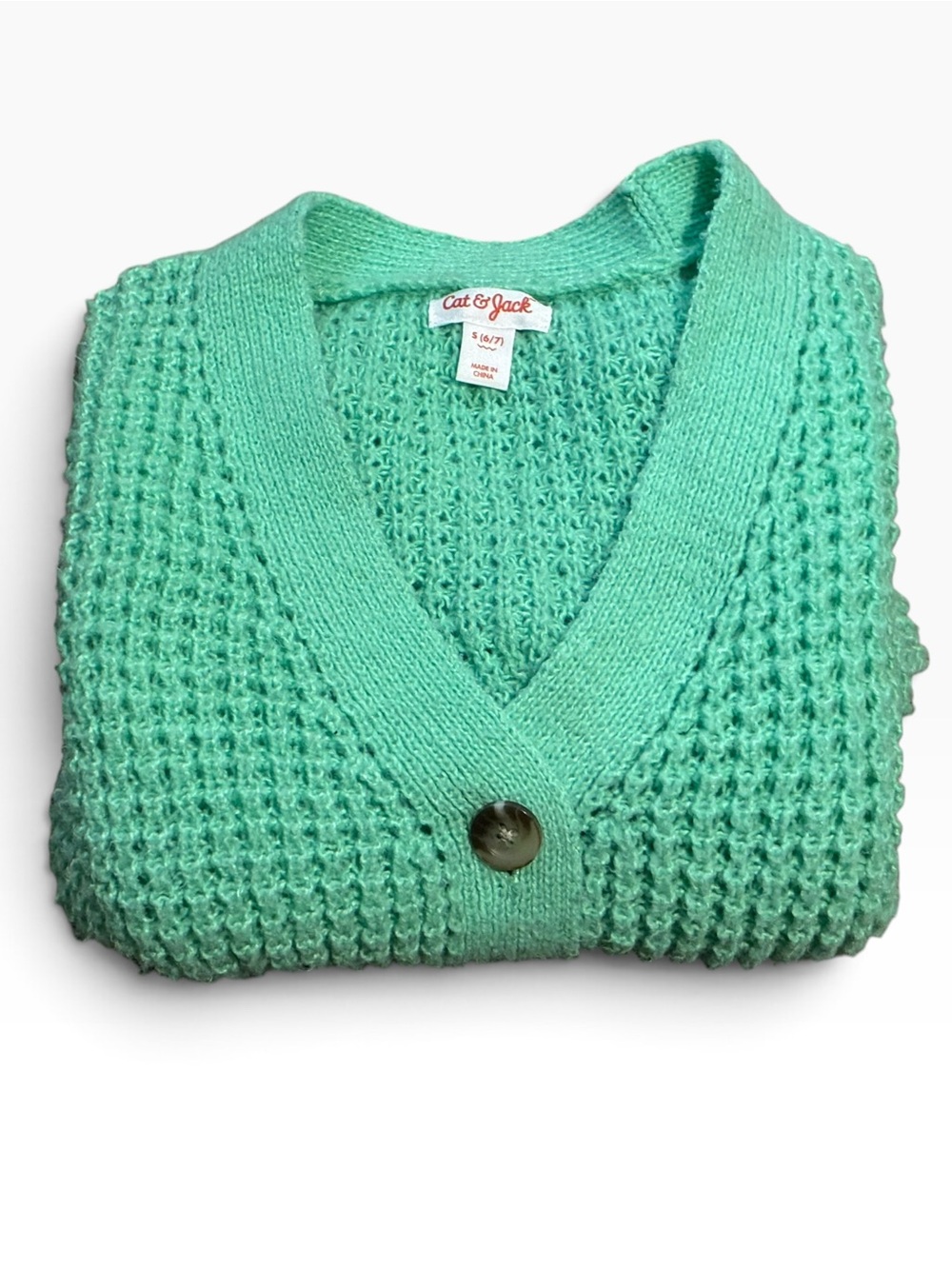 Cat & Jack Girls Cardigan Sweater S 6/7 Mint Green Crochet Open Knit Button Up